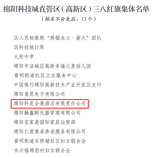 科发会展酒店荣获绵阳科技城直管区“三八红旗集体”荣誉称号